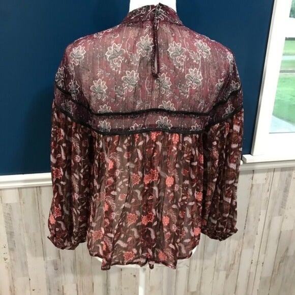 Zara Mock Neck Red Floral Sheer Top - Picture 8 of 8